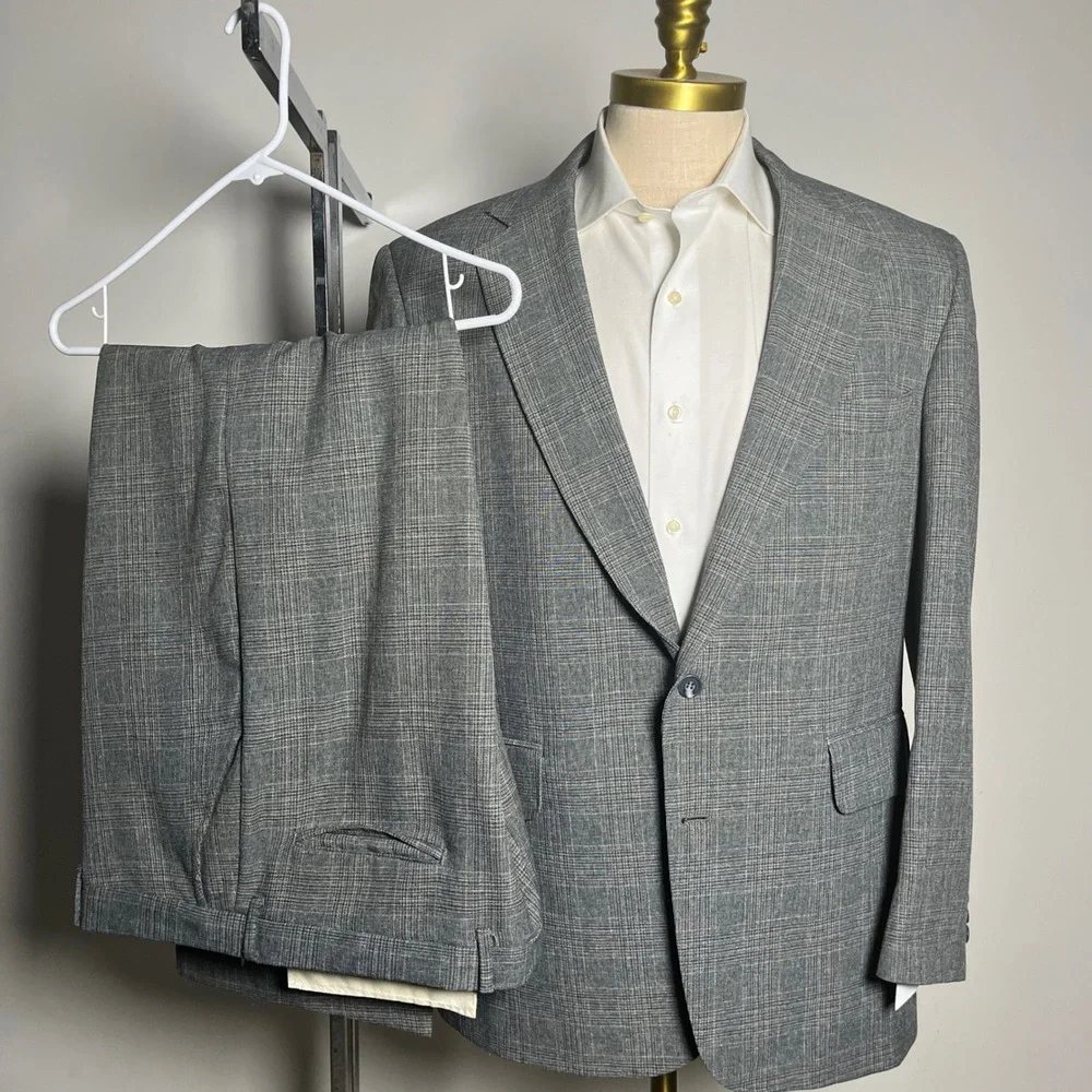 John L. Blair Suit Mens 44R 41x29 Grey Glen Plaid Vintage 2-Button Single‎ Vent